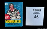 Front view of 1979 James Bond Moonraker trading card wax pack featuring illustrated James Bond in space suit. Price marked 15 cents.