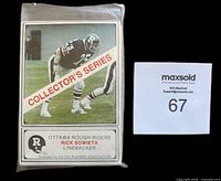 Complete set of oversized 1982 Ottawa Rough Riders football cards in original plastic sleeve showing front card of Rick Sowieta linebacker.