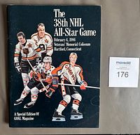 Front cover of the 1985-86 NHL All Star Game program showing an illustration of hockey players in All-Star uniforms skating on ice with the event details.