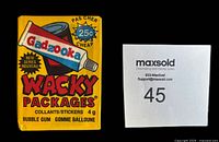 Front view of the unopened 1988 Wacky Packages wax pack. Yellow packaging with Gad-zooka tube graphic and 25 cent price.