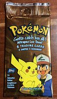 Front of sealed 1999 Topps Pokémon TV Animation Edition foil trading card pack showing Pikachu and Ash