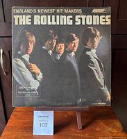 Front cover of The Rolling Stones 1964 LP England’s Newest Hitmakers showing band members and wear including corner damage.