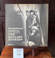 Front cover of the Rolling Stones December's Children album showing the band members on stairs, black and white photo, with condition wear visible.