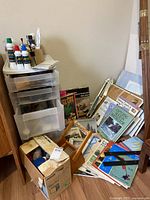 Photo of plastic drawer organizer with art supplies on top, assorted paint bottles, a partially open cardboard box with additional materials beside a collection of art and watercolor technique books on the floor.