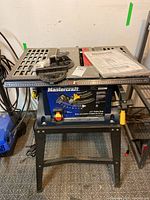 Front view of saw mounted on black metal folding stand