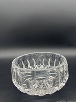 Side view of clear Gorham Althea lead crystal candy dish showing detailed cut glass pattern and thick glass base.