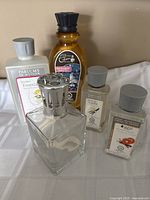 Clear square glass Berger Paris perfume lamp with silver metal top and wick inside, with 5 home fragrance oil bottles with gray caps in background.