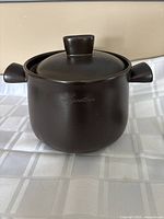 Side view of black ceramic Lagostina pot with lid on top, showing brand name on side and dual side handles