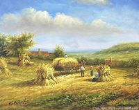 Close-up of the oil painting signed K. Burt, showing countryside harvest scene with haystacks, workers, horse-drawn cart, and blue sky with clouds.