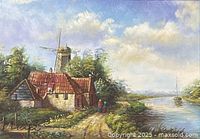 Full view of the oil painting showing a rural landscape with a windmill, houses, and a river under a partly cloudy sky.