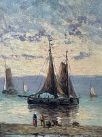 Close-up of central sailing vessel and figures on shore showing brushwork