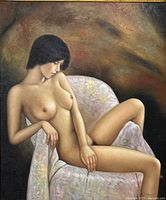 Close-up of nude female figure seated on chair with draped cloth, earthy background.