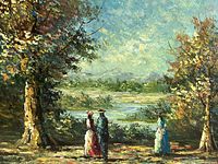 Close-up of the oil painting showing three figures strolling in a park with trees and water in the background.
