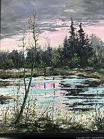 Front view of oil painting showing marsh at dusk with reflective water and tree silhouettes