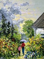 Close-up of the oil painting detail showing two figures walking on a path surrounded by lush greenery, flowers, and a house under a cloudy sky with a bird flying.