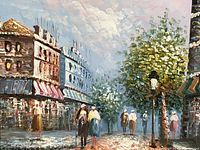 Close-up oil painting view: Parisian street scene with figures and buildings.