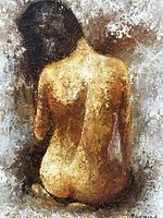 Close-up view of the seated nude woman figure from behind, showing textured brushstrokes