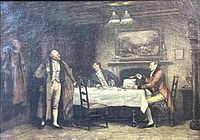 Frontal view of painted scene showing three men at a table