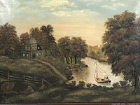 Detail view of canvas painting showing river scene with house, trees and sailboat.