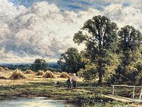 Close-up of oil painting showing haystacks, trees, two figures and pond.