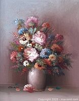 Front view of oil on canvas painting featuring a vase with multicolored flowers on a muted background, signed Houston.