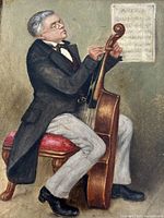 Close-up photo of the oil on canvas painting showing a man playing cello, seated on a red cushioned stool with sheet music on the wall behind.