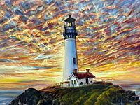 Close-up of oil painting showing lighthouse with dramatic sunset sky and textured brush strokes.