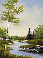 Close-up of the oil painting depicting the landscape, showing tree, water, rocks, and part of sky.