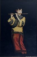 Detail view of the unframed painting showing the girl playing a flute against a dark background.