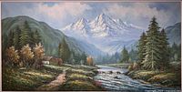 Full view of framed oil on canvas mountain landscape painting showing river, cabin, pine trees, and snow-capped mountains.