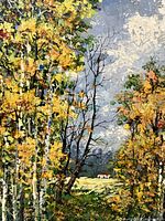 Close-up of the painting showing yellow and green foliage of birch trees in a forest glade scene under a cloudy sky.