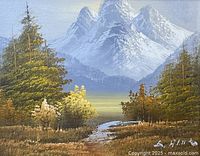 Close-up of the oil painting showing the mountain landscape with details of the snow capped peaks, trees, and signature S. Hill.
