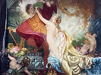 Close-up of central composition showing nude woman, male figure and cherub