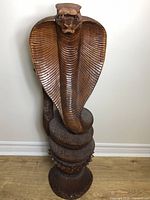 Front view showing expanded hood and coiled body on pedestal