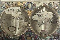 Ink and color detail of both hemispheres showing decorative border and text title