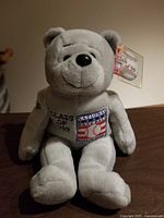 Plush baseball bear commemorating Nolan Ryan's 1999 Hall of Fame induction with patches and protective plastic case.