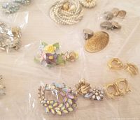 Overview of entire lot on tablecloth showing grouped plastic bags