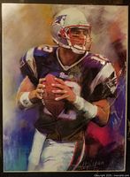 Front view of the colorful matted print featuring Tom Brady in Patriots uniform preparing to throw a football.