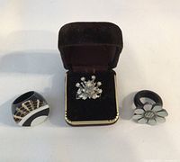 All three rings show the starburst gold finished ring and two natural material chunky rings together on white background, with velvet ring box open