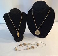 Three necklaces displayed on black jewelry stands and flat surface. Gold-colored Murano glass pendant necklace on left, gold-plated Indian Head penny pendant necklace on right, and semi-precious stone bead necklace laid flat.