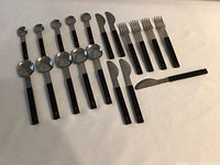 Overview of whole cutlery set showing spoons, knives, forks with black handles laid out on a white surface