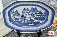 Front view of octagonal blue & white platter on display stand