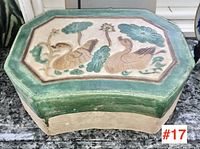 Top view showing full glazed surface with two ducks and lotus flowers in green and brown