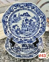 Pair of two octagonal blue and white porcelain plates on display stands