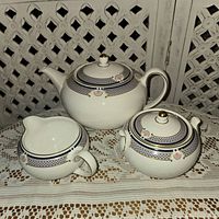 Photo of the tea pot, sugar bowl with lid, and creamer displayed on a lace cloth in front of a decorative screen.