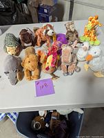 Photo of twelve assorted TY Beanie Babies arranged on a table showing variety of plush, all with tags visible