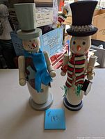Photo showing two snowman nutcrackers side by side on a table with a blue sticky note #145 in front.