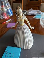 Front and side view of the Royal Doulton figurine showing smooth porcelain detailing and color of dress and figure.