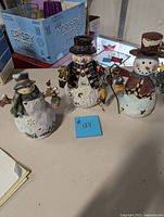 Full set of three snowman tea light holders displayed on a table with background items, showing size and design variety.