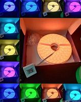 32.8 ft RGB neon rope light partially lit showing multiple colors inside white rubber casing.